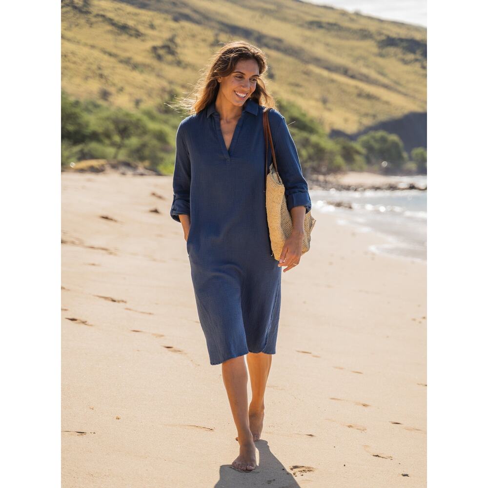 Rip Skirt Hawaii Travel Dress L Blue Cotton Gauze Roll Tab Sleeves Long Beachy